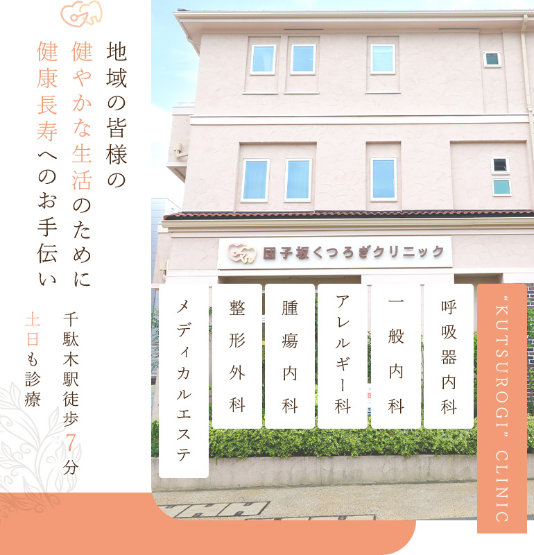 地域の皆様の健やかな生活のために健康長寿へのお手伝い 一般内科 呼吸器内科 腫瘍内科 整形外科 歯科 メディカルエステ 千駄木駅徒歩7分 土日も診療